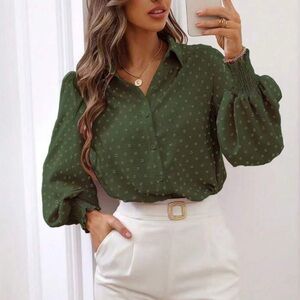 Luxe Swiss dot lantern sleeve button down blouse